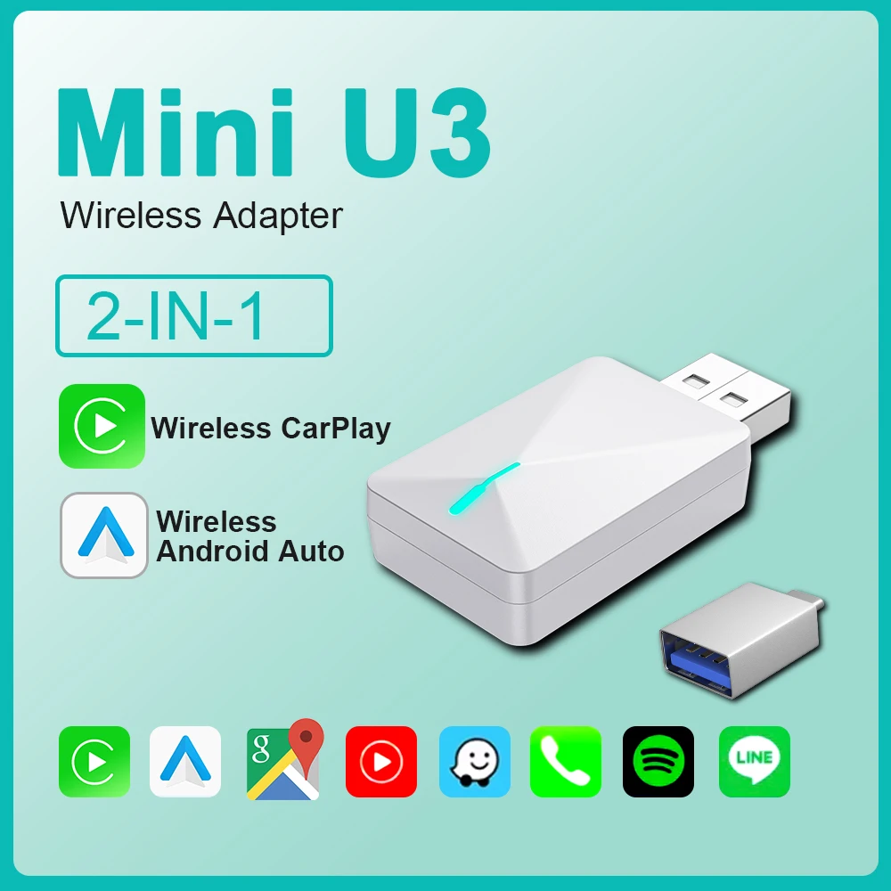 محول BYLITU Mini U3 اللاسلكي: صغير كافي، سلكي CarPlay/Android Auto إلى لاسلكي، التوصيل والتشغيل، بدون بطاريات، قابلية التكيف واسعة.