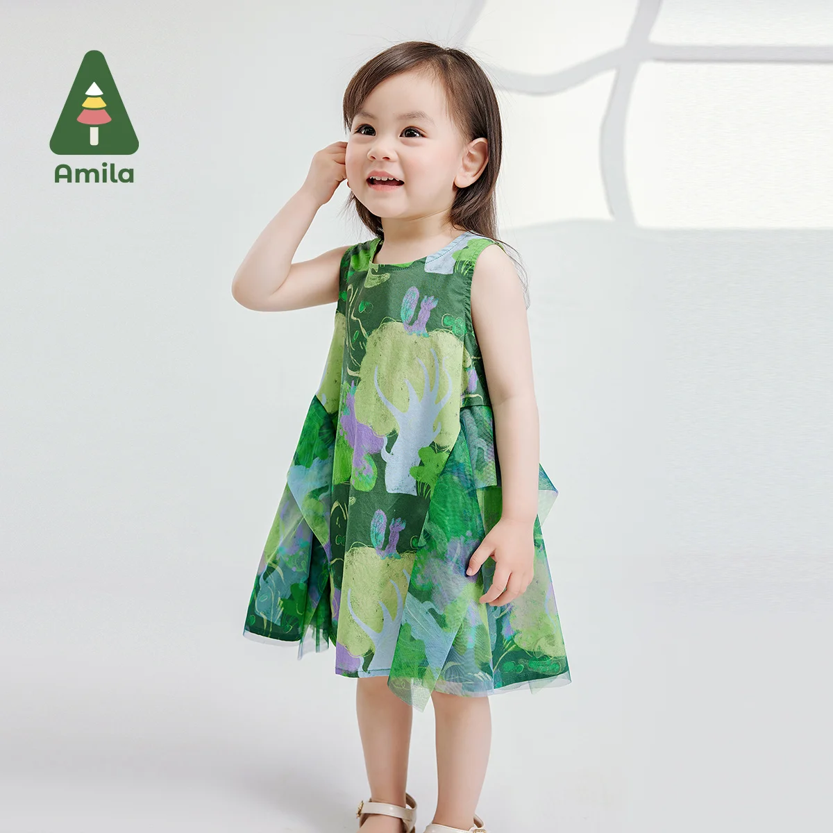 

Amila 2024 Summer New Girls Skirt Mesh with Fairy Forest Green Cute Fun Comfortable Dream Dress 0-6Y