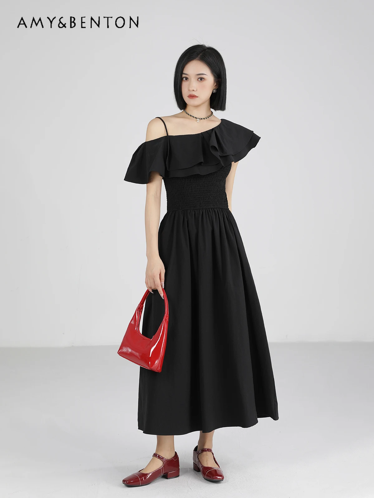 

French Elegance Off-Shoulder Dress for Women Summer New High-Grade Ruffled Pure Color All-Match Stretch Slim Mid-Length Dresses