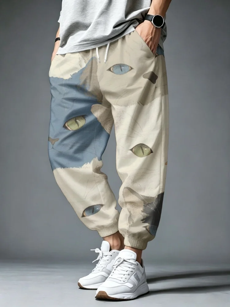 Men Harem Pants Fashion Summer Cat Eye Print Drop Crotch Elastic Cuff Joggers Sweatpants Baggy Streetwear All-match Trousers