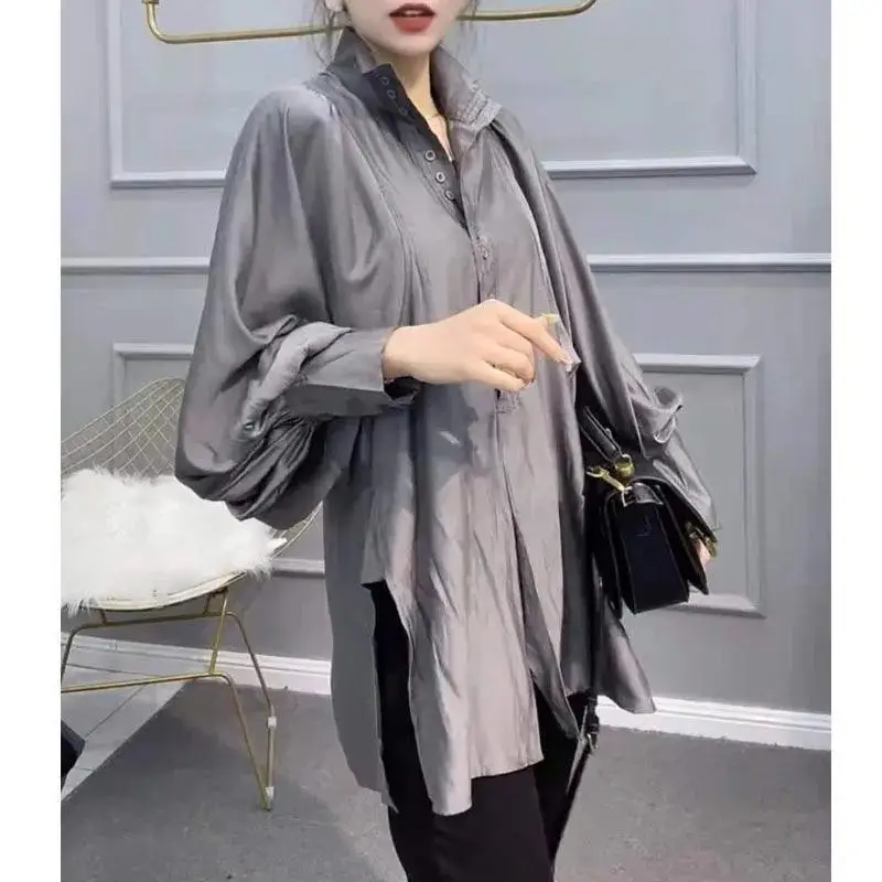 Stylish Solid Color Spliced Folds Lantern Sleeve Blouse Female Clothing 2023 Autumn New Casual Pullovers Loose Office Lady Shirt