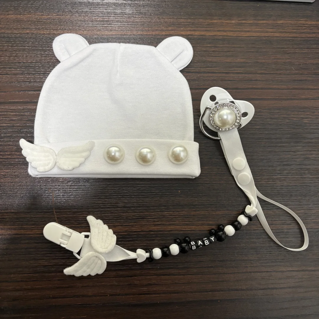 Newborn Baby Pacifier with Personalized Clip and Hat Set Soft Silicone Soother BPA Free Cute Name Knit Cap for Stroller 0-18M