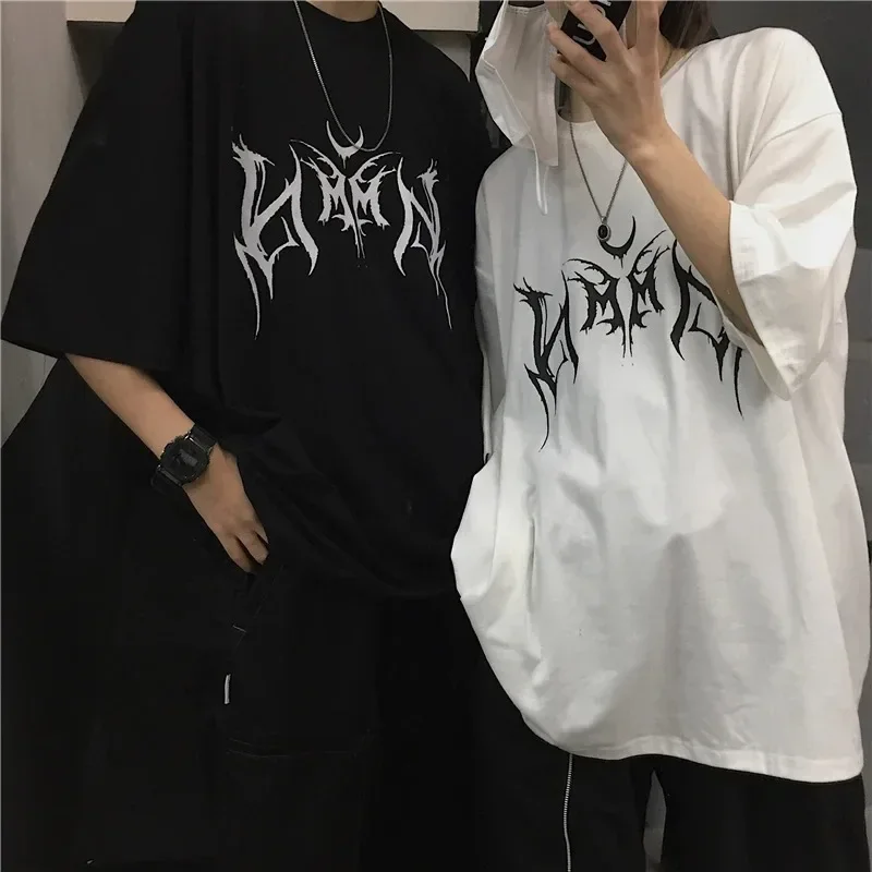 2024 Loose Oversized Punk Letter Print T-shirt Summer Hip Hop Black Cotton Men Short Sleeve Graphic Women Tee Casual Unisex Tops