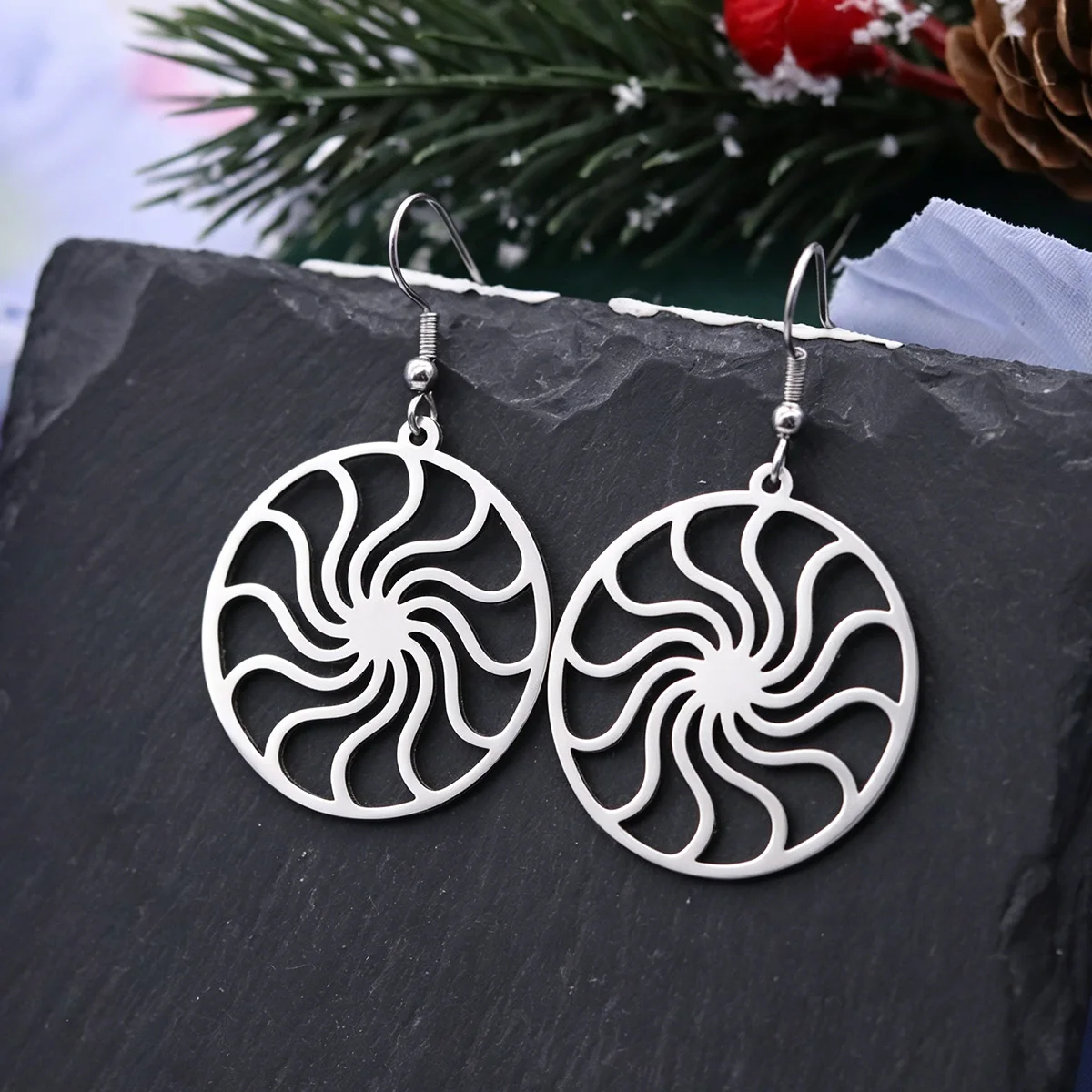 Kinitial Stainless Steel Spiral Swirl Sun Wheel Drop Hook Earrings Vortex Circular Dangle Earrings Jewelry Gift For Women