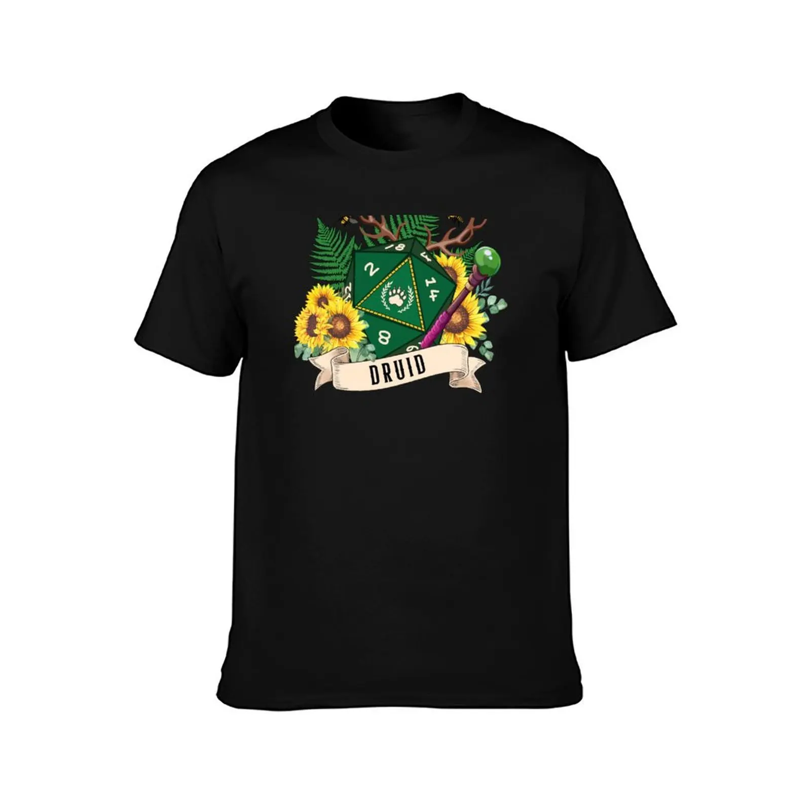 DND DRUID: Druid Dice, D20 floral dice for dnd druid class. Sunflowers and Antlers. T-Shirt