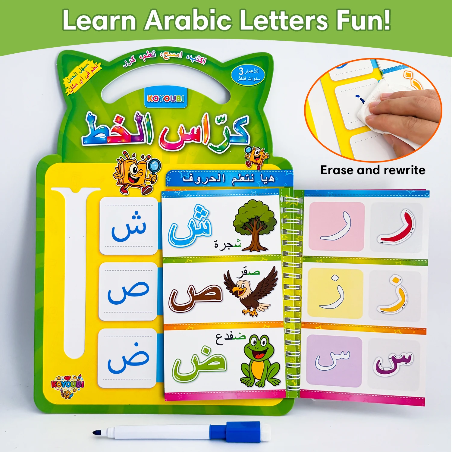 Arabic Alphabet Workbook for Kids School Supplies Dry-Erase Learning Arabic Letters Handwriting Interactive Practice Book