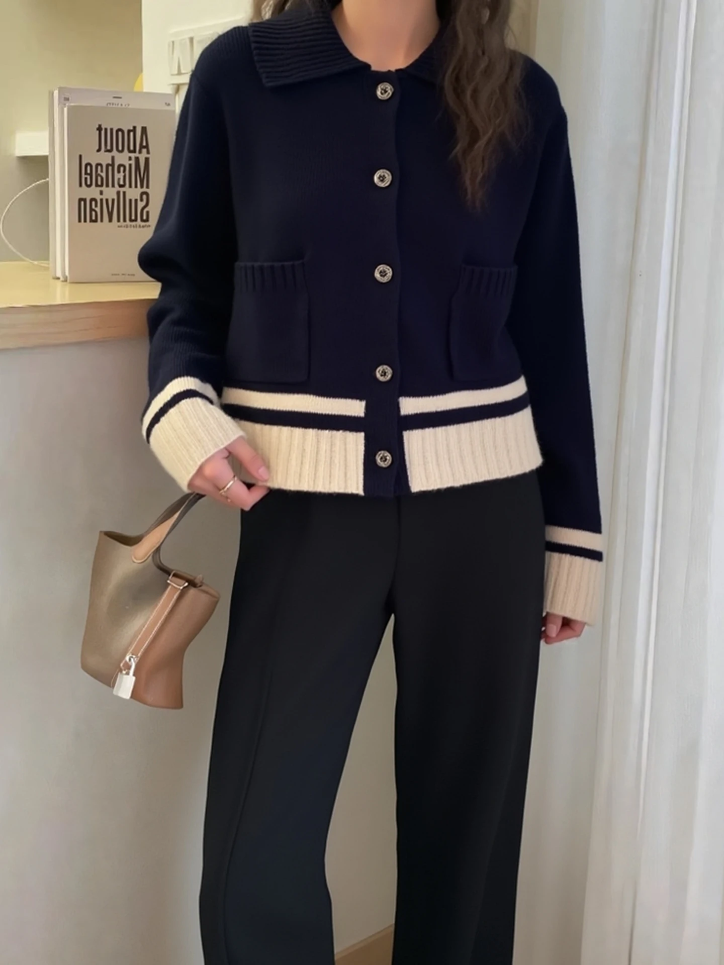 

Модный вязаный кардиган в стиле колор-блок для женщин, стройнящий, с индивидуальным дизайном, свитер-топ, модная верхняя одежда с длинными рукавами