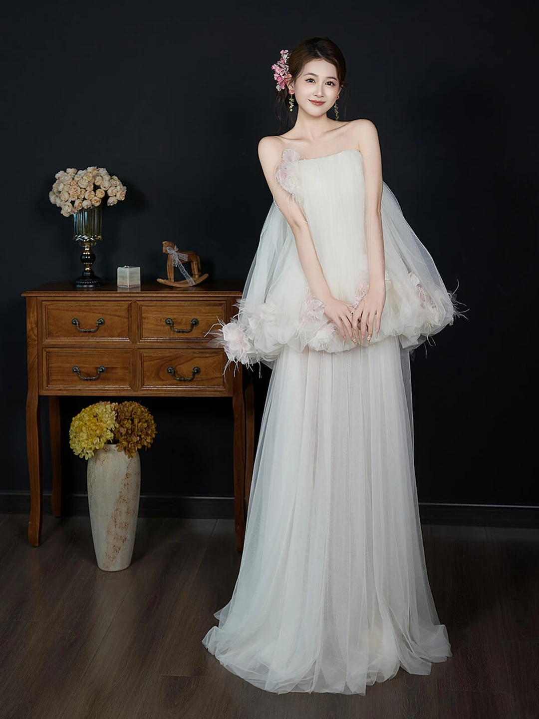 

Ele White Bridal Morning Robe for Women Cusizable Engagement Dr Sweet Sle Handmade Flowers mid Waist A-Line Skirt