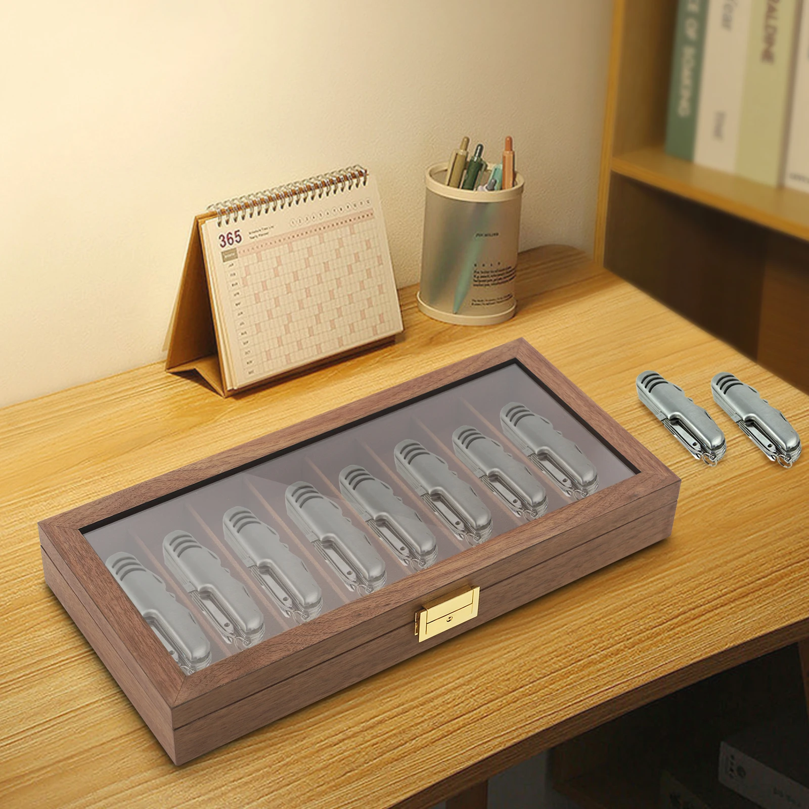 علبة عرض السكاكين، صندوق تخزين السكاكين، علبة عرض السكاكين، صندوق جمع منظم، زجاج معدني، فلنلت، لون الجوز/أسود