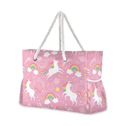 New Handbags Tote Beach Bag Shopper Shoulder Bag Big Capacity Cute Pink Unicorn Rainbow Star Travel Women's Bag 2022 Tend