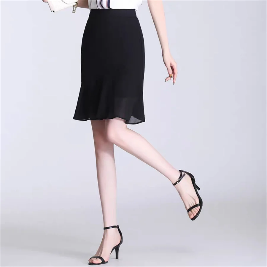 Elegant Temperament Mermaid Skirt Summer Women's Chiffon Half Skirt Fashion Casual Solid Color Skirts Plus Size