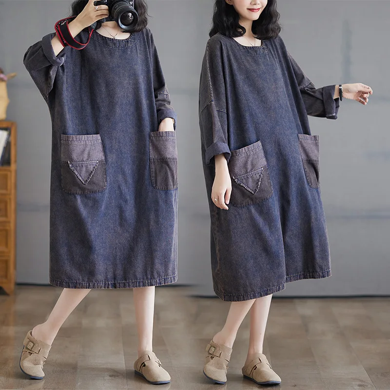

Mid Length Dress Women Denim Dresses A Line Vestidos Streetwear Round Neck Mom Jeans Elegant Splice Y2k Loose Casual 2025