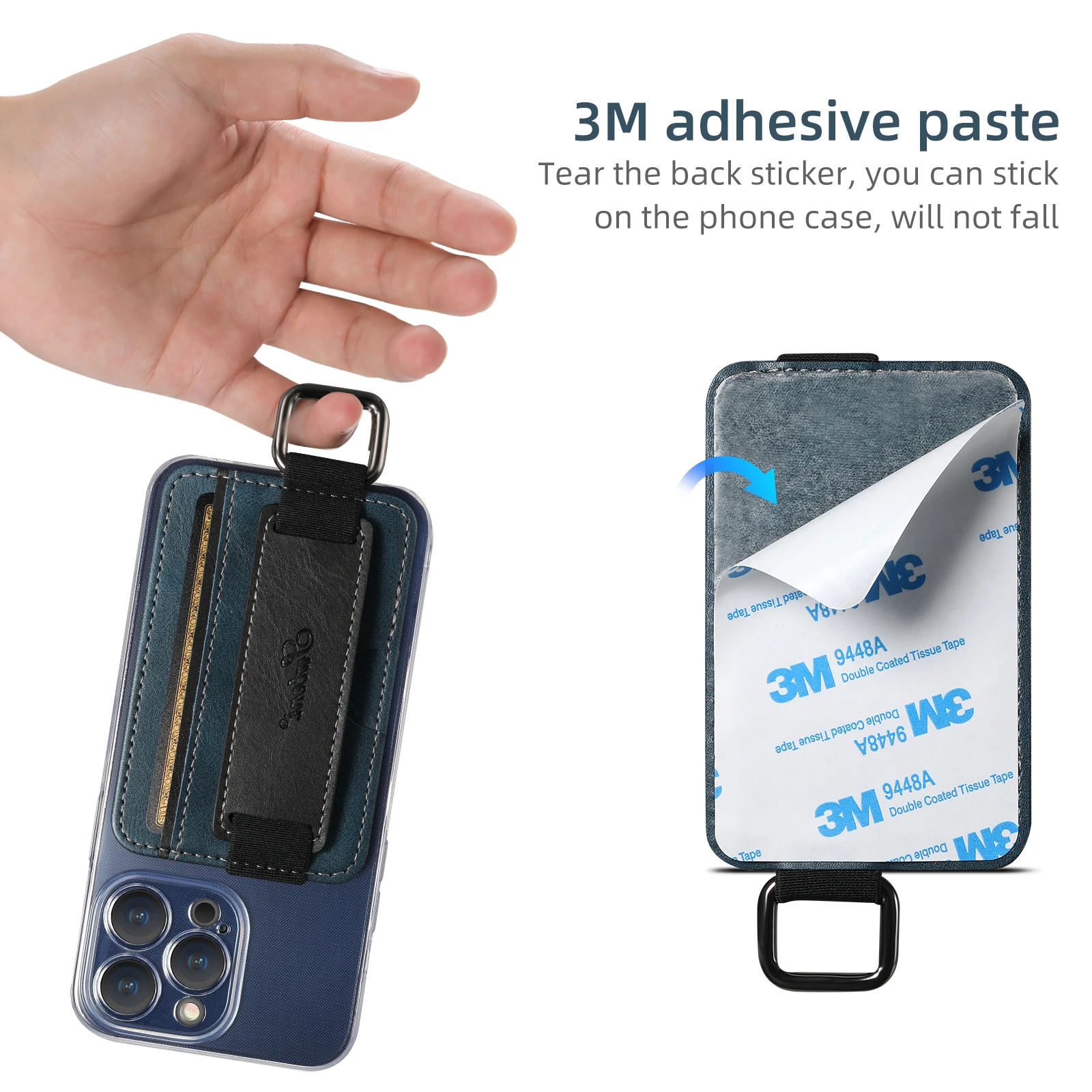 Leather Card Pocket Phone Stand for iPhone 16 15 14 13 Pro Max 3M Adhesive Ring Holder Phone Kickstand for Samsung Pixel ID Bag