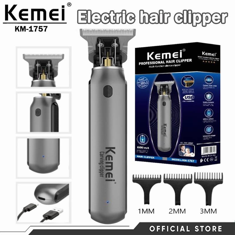 

USB charging Zero-cut Blade Cordless Hair Trimmer Kemei KM-1757 Hair Clipper Hollow head Barber Hair Cut Machine beard trimmer