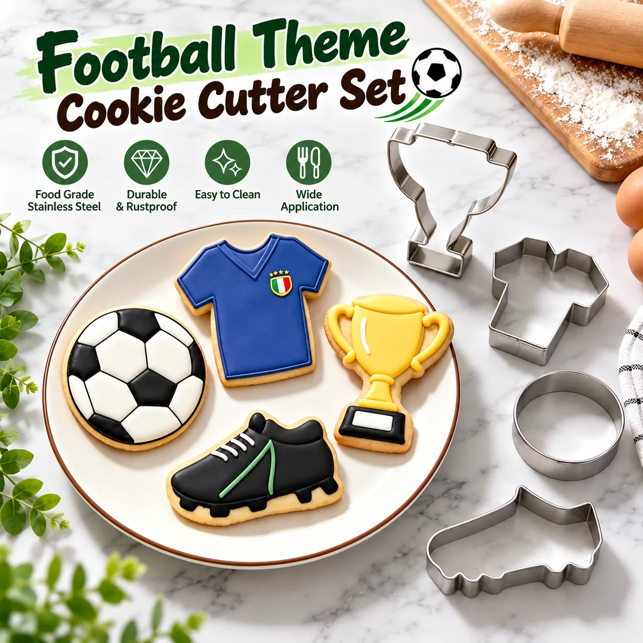 4PCS Football Themed Cookie Cutter Set Food-Grade Stainless Steel Reusable Easy Clean Baking Molds for Biscuit Pastry Home Party
