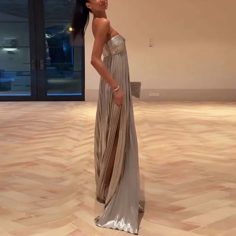 Silver Sexy Gowns Evening Dress Woman Spring Strapless High Waist Pleated Long Dresses Summer New Backless Side Split Maxi Dress