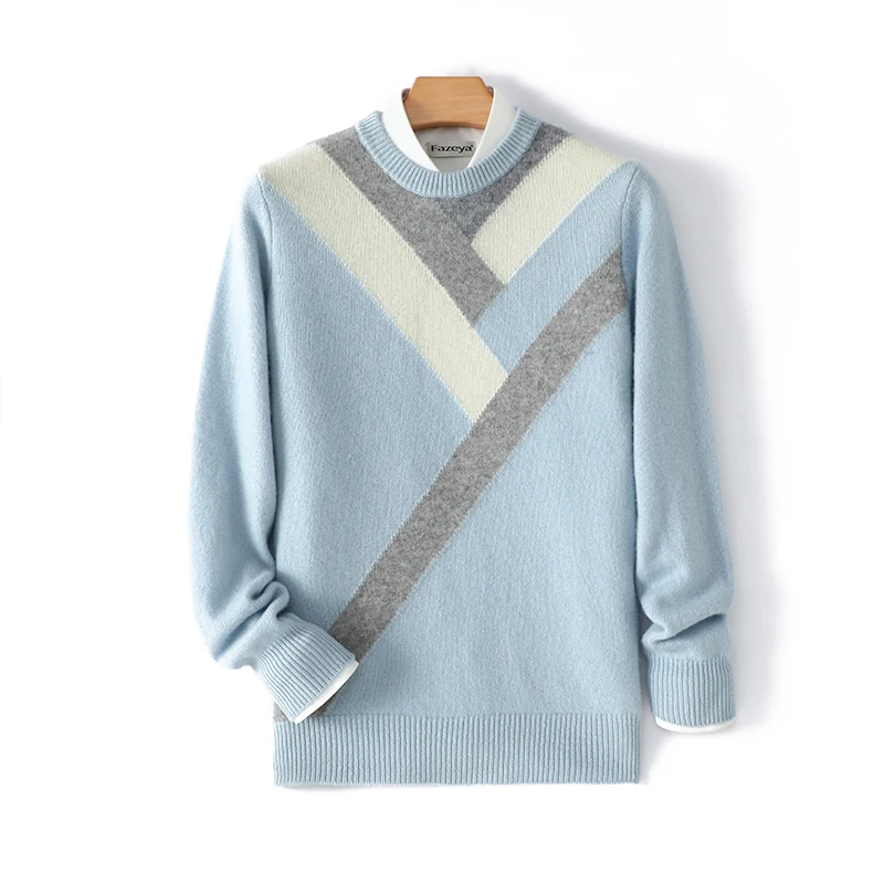 

Autumn Winter New 100% Pure Wool Sweater Men's Round Neck Color Block Pullover Loose Casual Cashmere Knitted Top