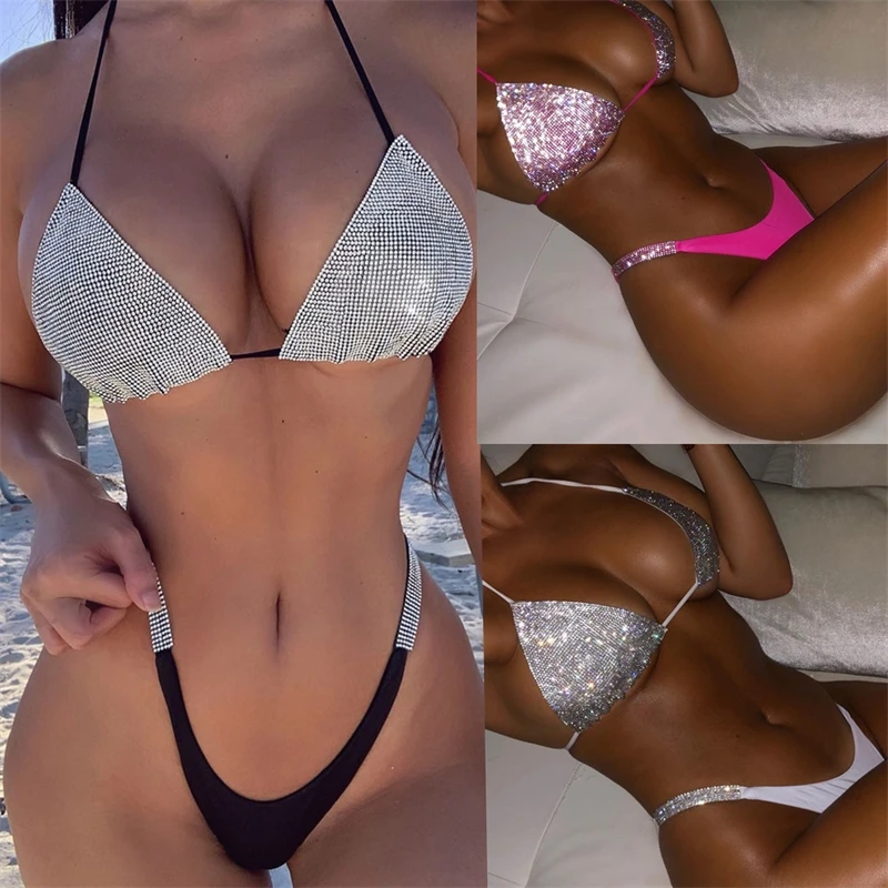 

Chic Sparkling Crystal Bikini Set Classic Triangle Cut Sexy Rhinestone Tie-side Bikini Set Summer Fashion Women's Beach Swimwear