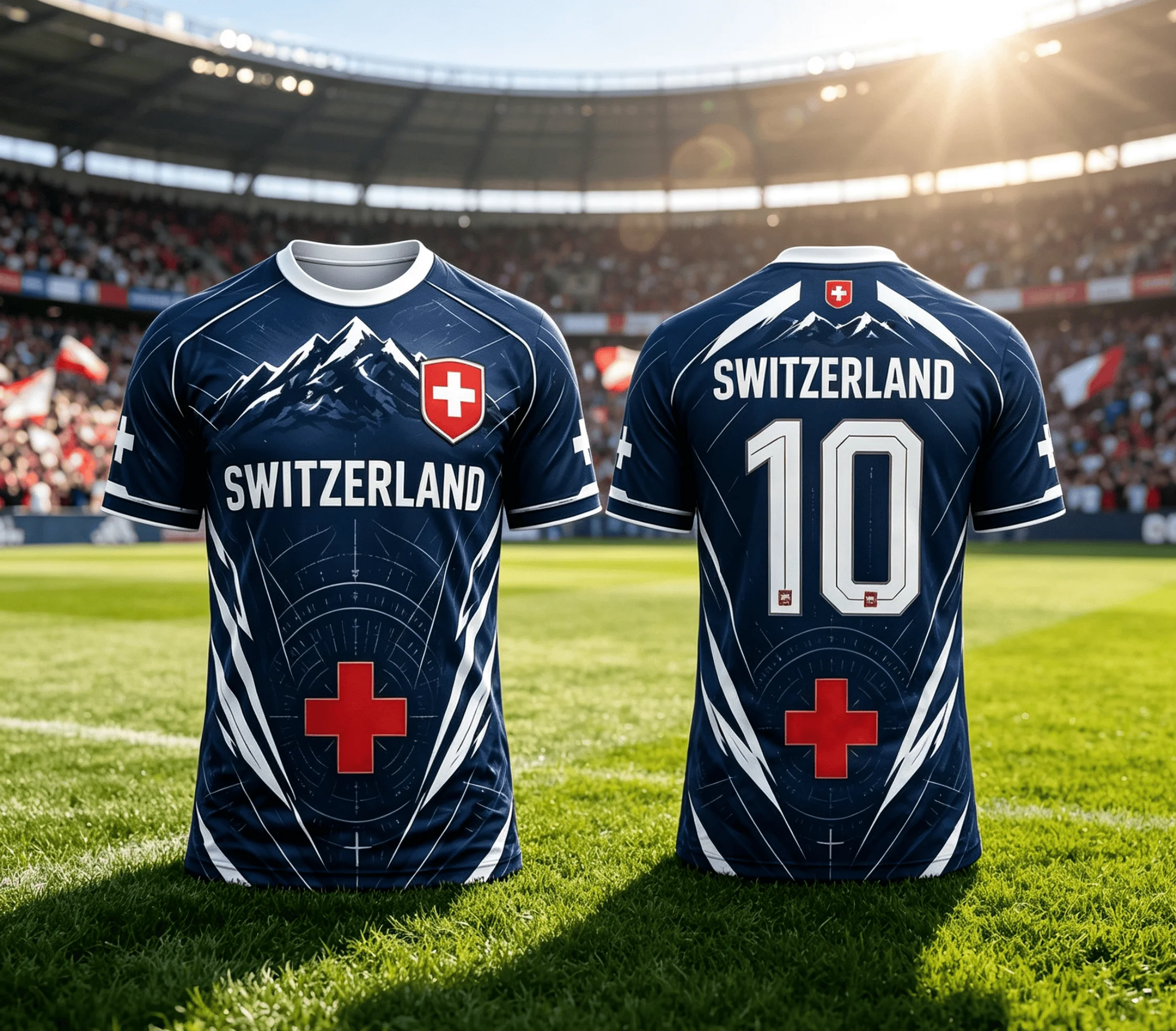 1Pcs Switzerland No.10 Soccer Jersey, Mountain Cross Print Quick Dry Short Sleeve, Fan Sports T-shirt for Men Women Match Wear