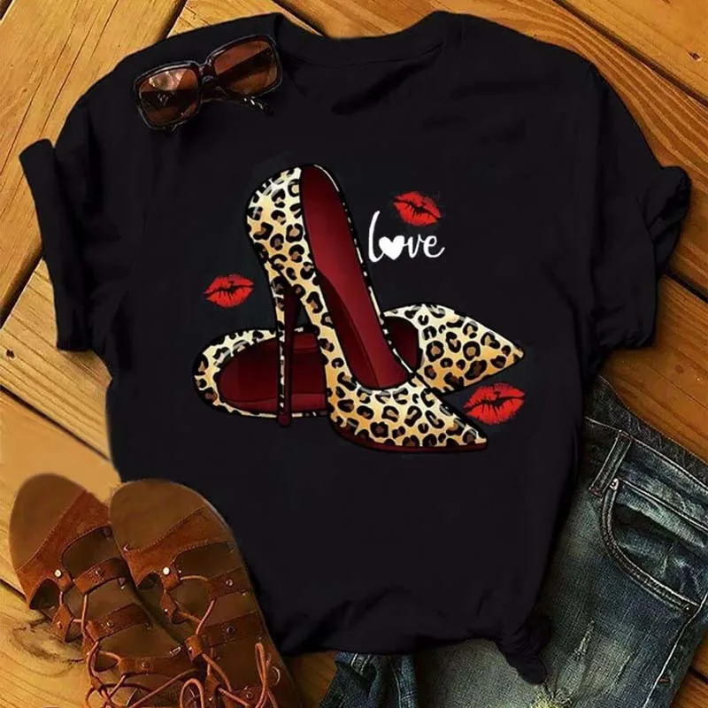 Women's High Heels Print T-Shirt Casual Crew Neck Short Sleeve Spring Summer Fall Fashion Top Ladies T Shirts