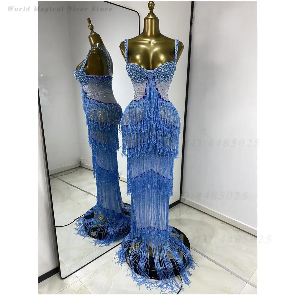 Women Luxury Sparkly Rhinestone Fringe Maxi Train Dress Elegant Birthday Banquet Cocktail Party Formal Evening Gown Shiny