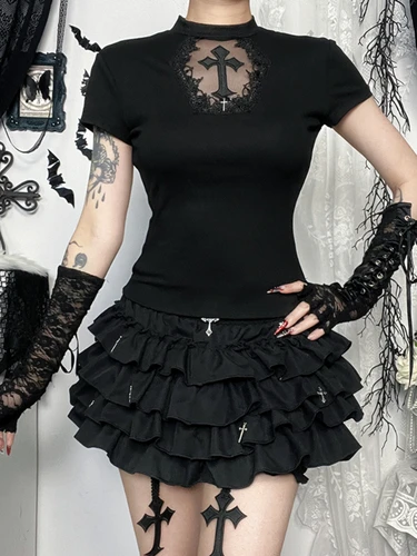 Imagen 2 del producto AltGoth-Camiseta básica gótica oscura para mujer, camisetas cortas de manga corta con cuello redondo, estética Cyber Punk, malla cruzada, transparente