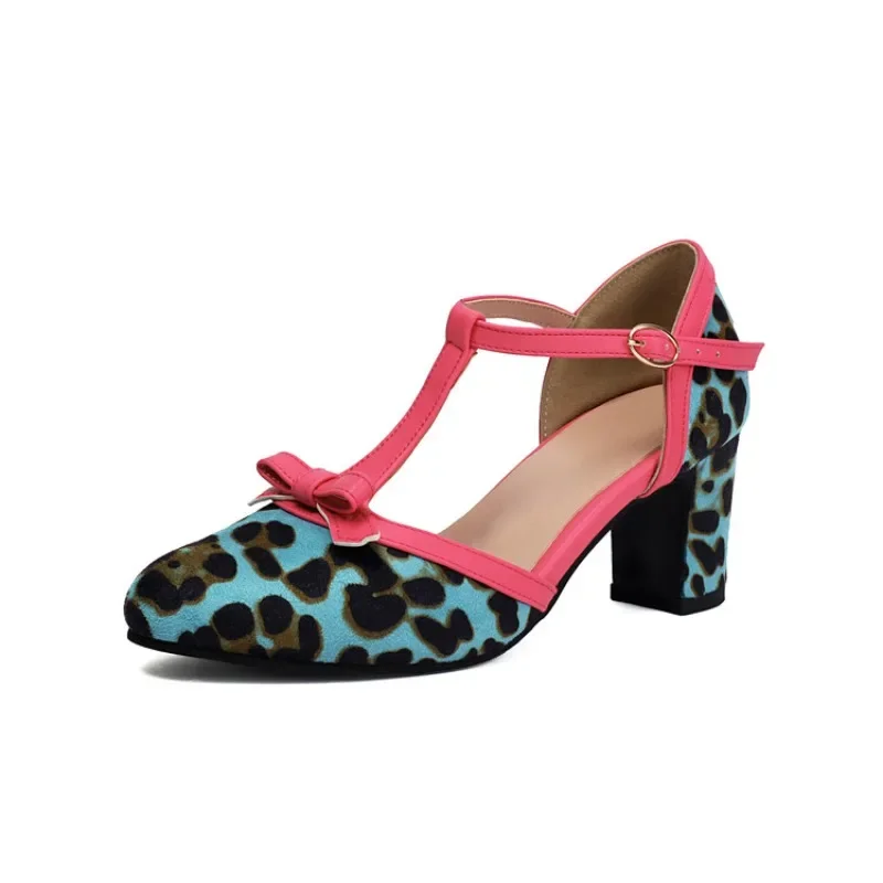 

High heels for ladies leopard print color blocked round toe high-heeled Retro women's shoes