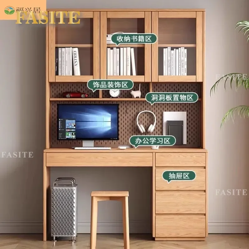 For Small Apartment All Solid Wood Desk Bookshelf Integrated Modern Simple Study Table with Drawers Children Learning
