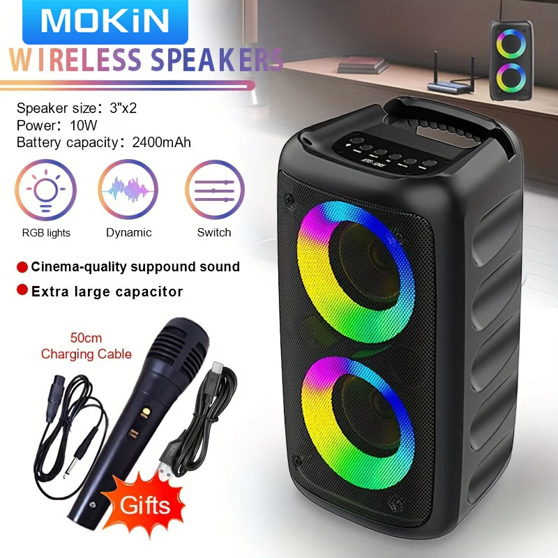 MOKiN Wireless Subwoofer Speaker with MIC TWS/FM,home party RGB Light Speaker portable outdoor surround sound box disco light