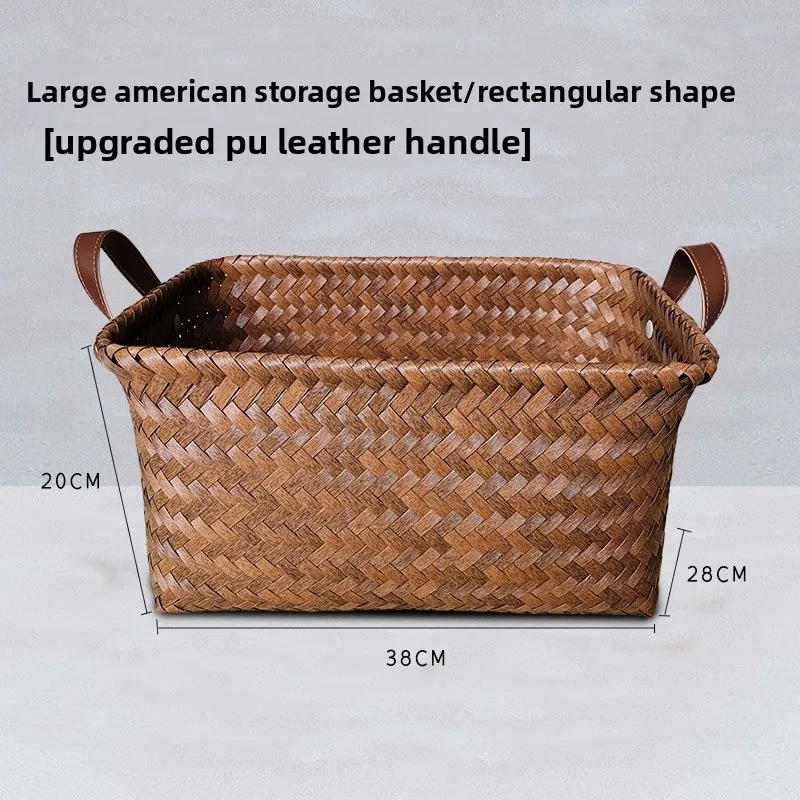 Kosz do przechowywania Kosz na ubrania Influencer Imitacja rattanu Tkany uchwyt PU Wiadro na pranie Kosz na przekąski Zabawki Brudne ubrania