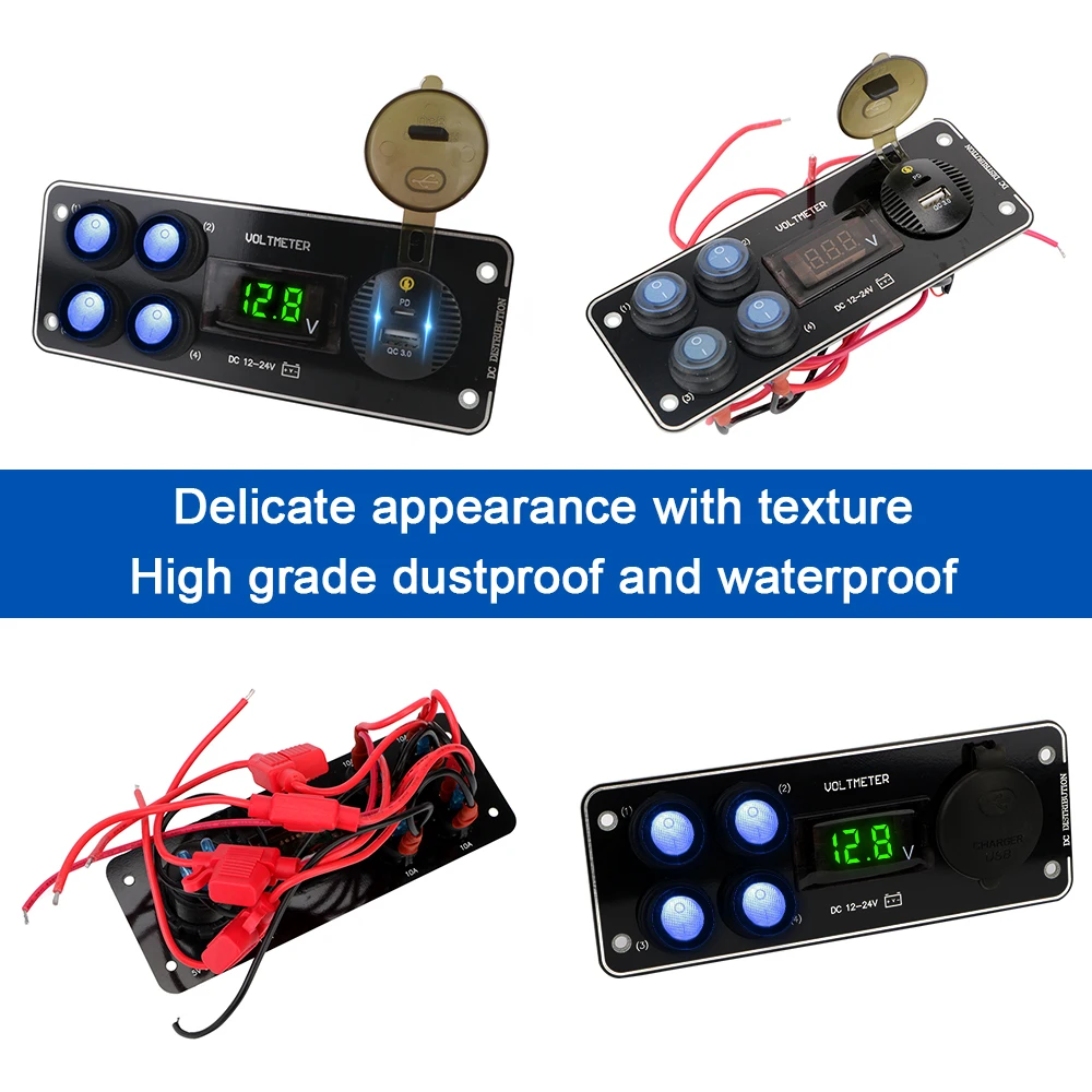 PD para coche RV camión ATV UTV Camper caravana QC3.0 Panel de interruptor de palanca Panel de interruptor de 4 entradas 12-24V voltímetro de carga de coche