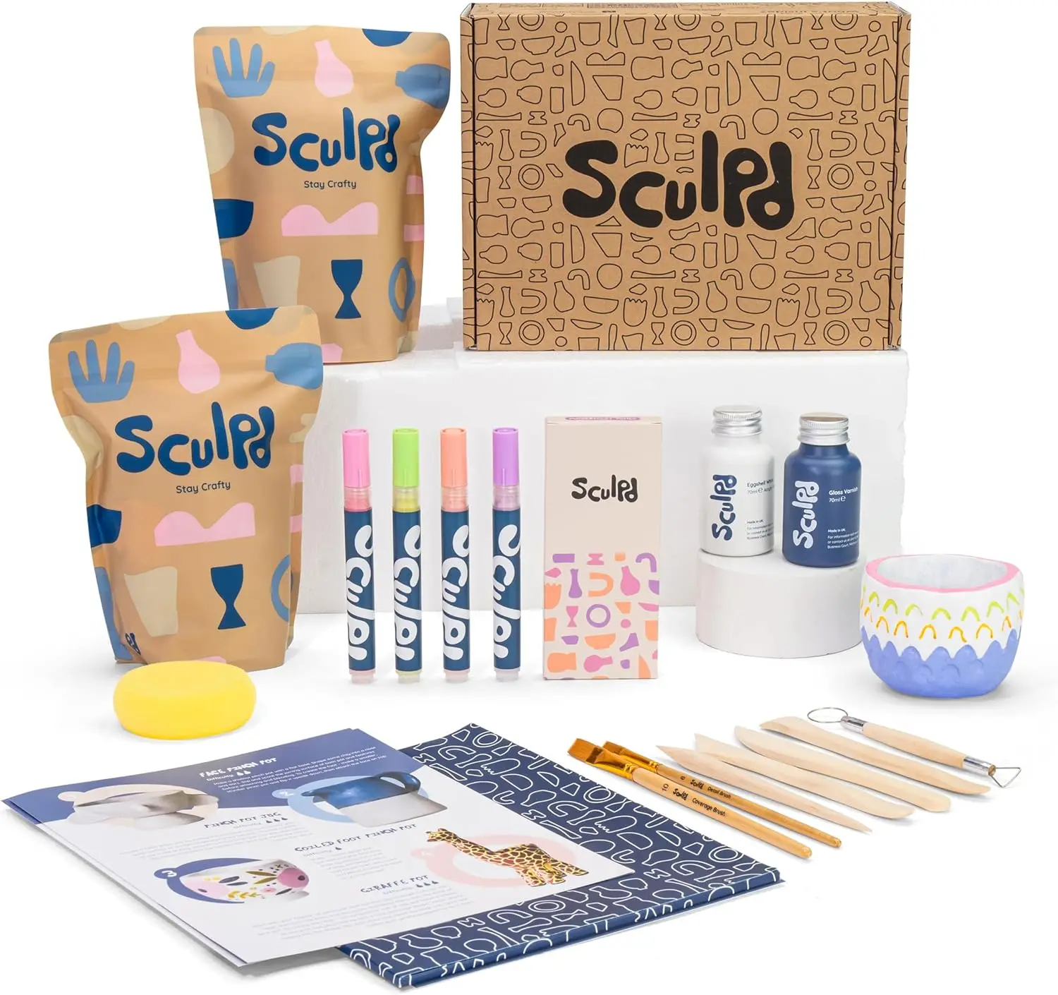 Sculpd Pottery Starter Kit - Complete Air Dry Clay + Painting Beginner Set for 2 Adults: includes Sculpting Tools, Acrylic Paint