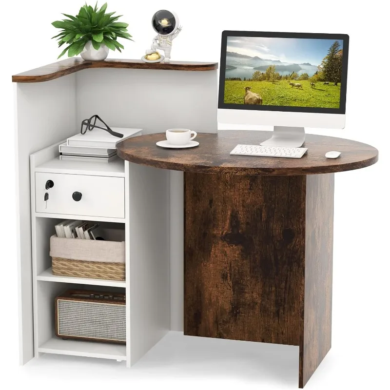 Reception Desk, Front Counter Desk with Lockable Drawer & Adjustable Shelf, Oval Desktop, Retail Counter for Checkout