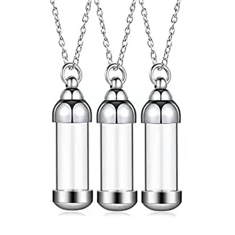 Cylinder Clear Glass Necklace Stainless Steel Heart Vial Perfume Bottle Cremation Urn Pendant For Women Keepsake