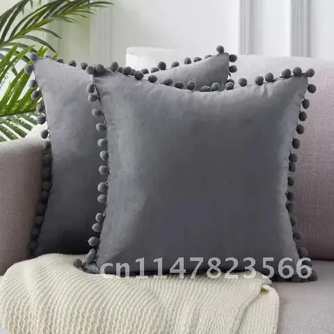 Solid Velvet Decorative Pillows Case Soft Velvet Cushion Cover With Pompom Ball Sofa Pillow Cover 45x45cm Green Blue Grey Pink