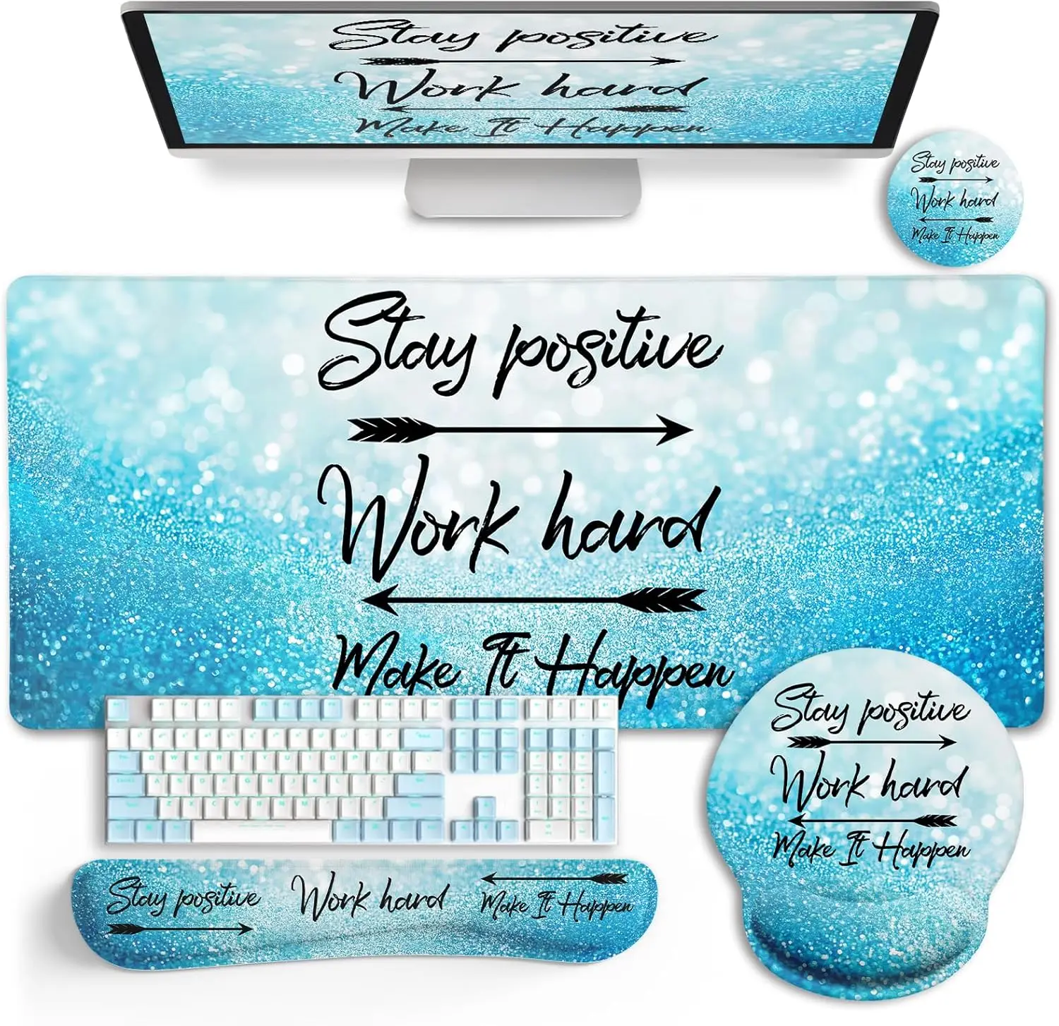 

XXL Gaming Desk Mat with Wrist Rest, Ergonomic Mouse Pad Set for Home Office Decor, Stay Positive Design