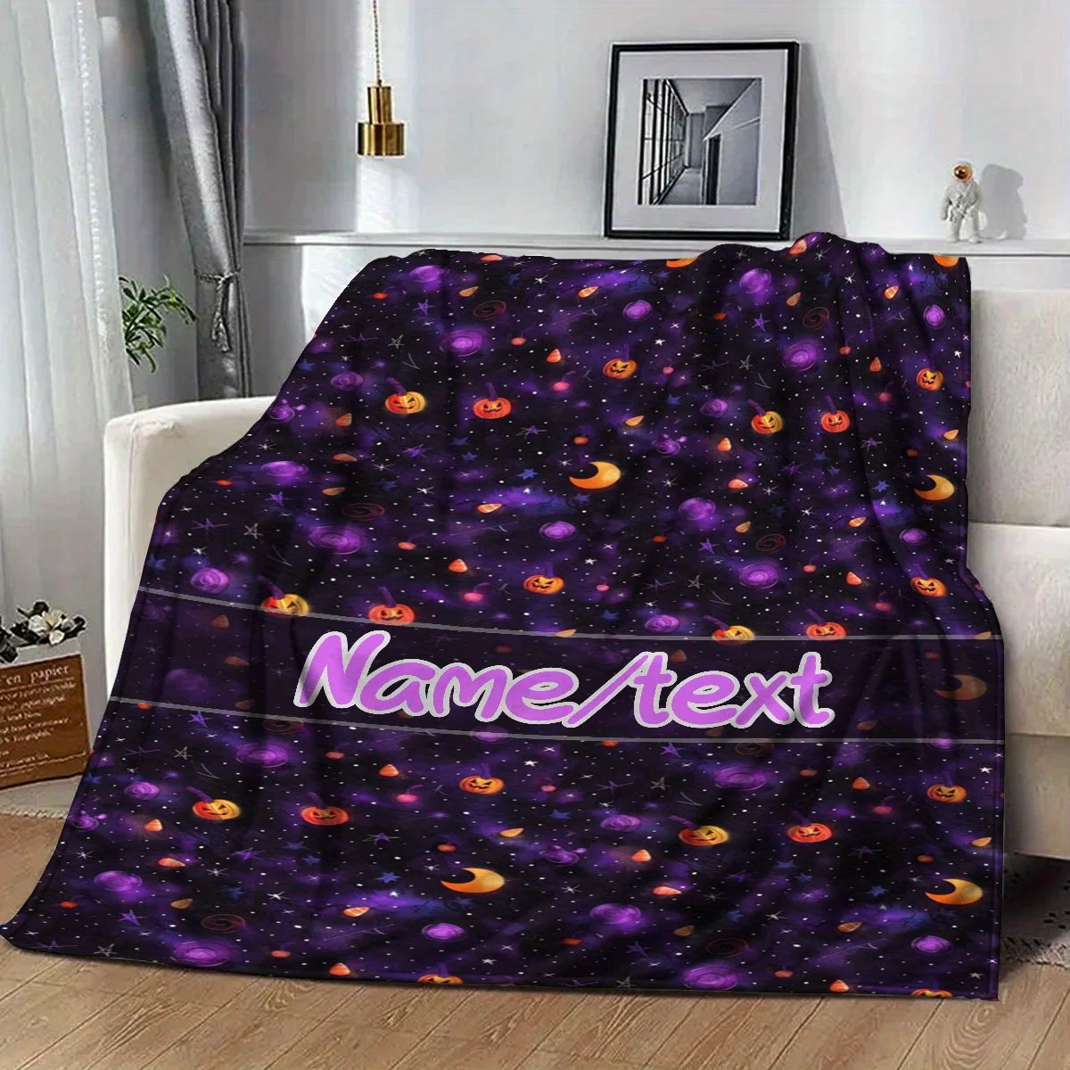 Custom name starry sky themed pumpkins and moon fleece blanket, suitable for sofa, bed, Halloween, birthdays, children, gifts
