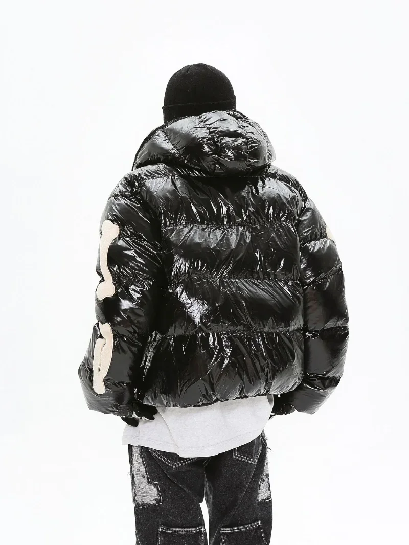 Fashion Thickened Parka Men HarajukuBright Skeleton Patch Padded Jacket Winter Warm Cotton Casual Coat Street Couple Wear