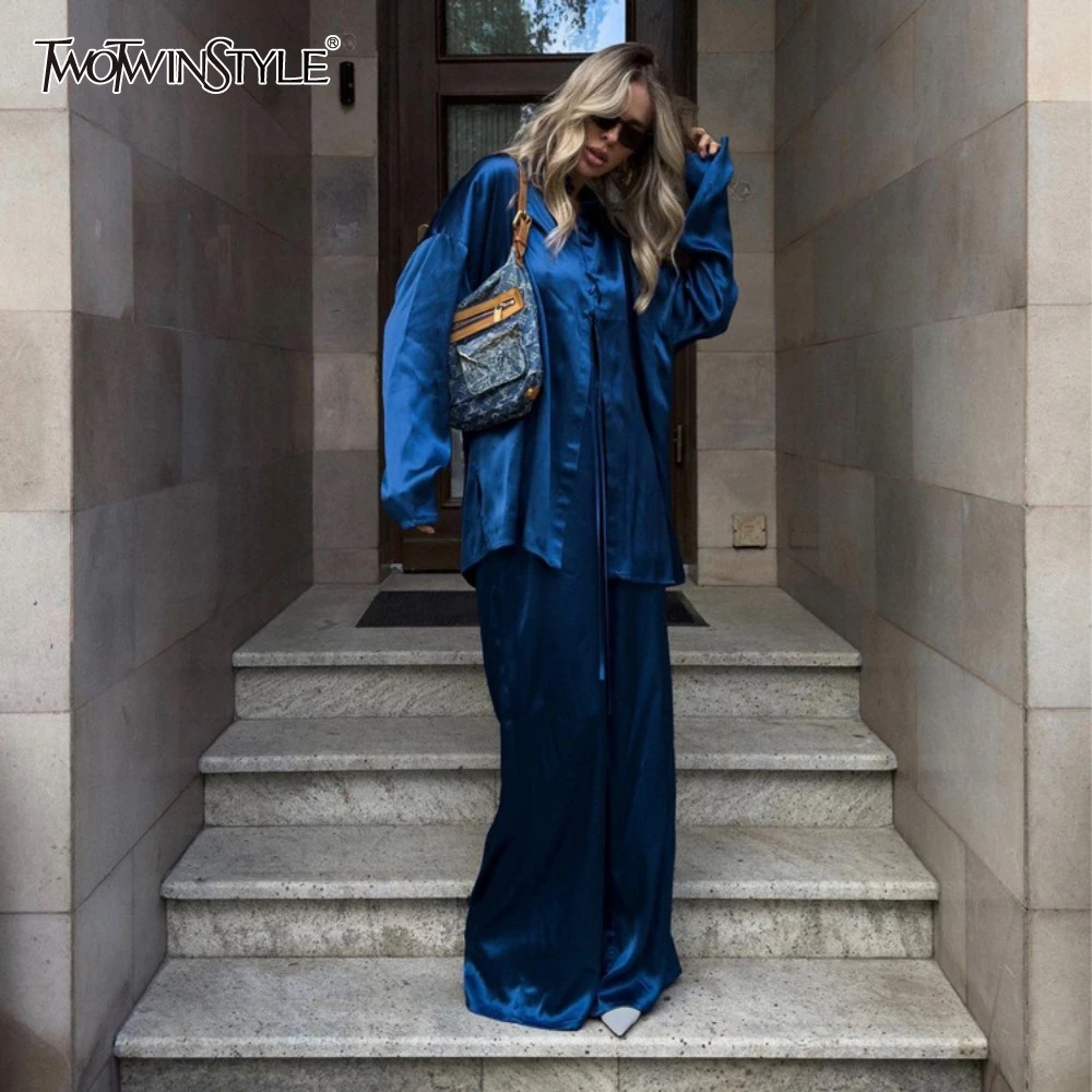 

TWOTWINSTYLE Solid Loose Two Piece Set for Women Lapel Long Sleeve Top High Waist Pant Minimalsit Sets Female Fashoin New