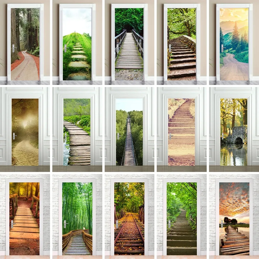 

3D Natural Forest Stairway Door Sticker Wood Bridge Landscape Peel and Stick Wall Art Mural Wallpaper for Home Room Renovation