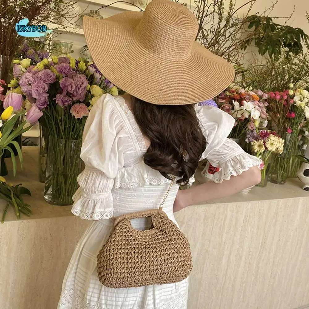 

Trendy Summer Weave Chain Straw Bag Leisure Boho Straw Shoulder Bag Beach Casual Bucket Handbag for Women