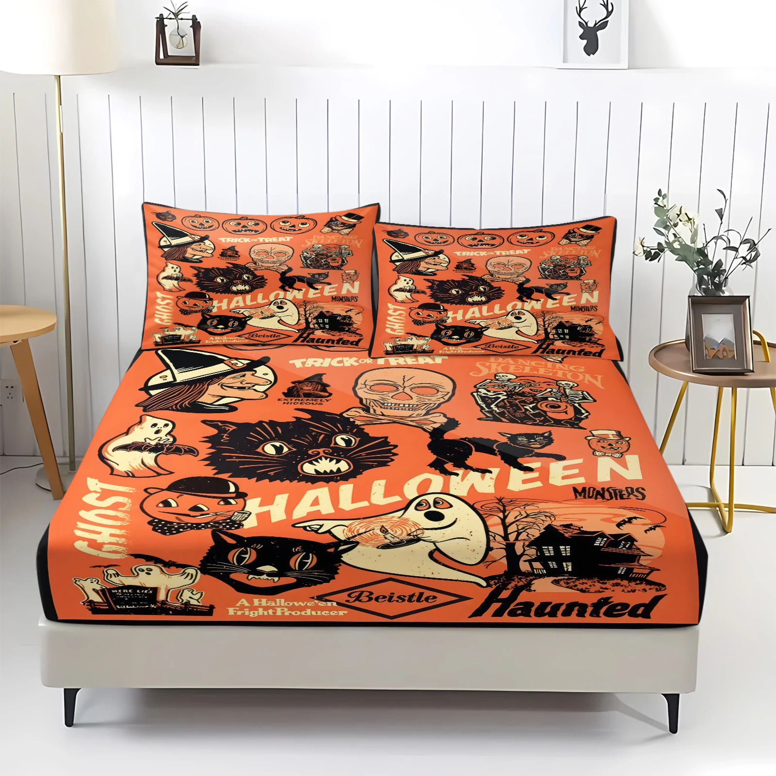 Vintage Halloween Fitted Sheet Set 3PCS Retro Black Cat Ghost Skeleton Witch Print Bed Sheet With Pillowcase Soft Mattress Cover