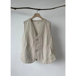 New Women's Vest with Pocket Linen Waistcoat Sleeveless Jacket Top Loose Fit Female Summer Clothes Casual Style Fashionable