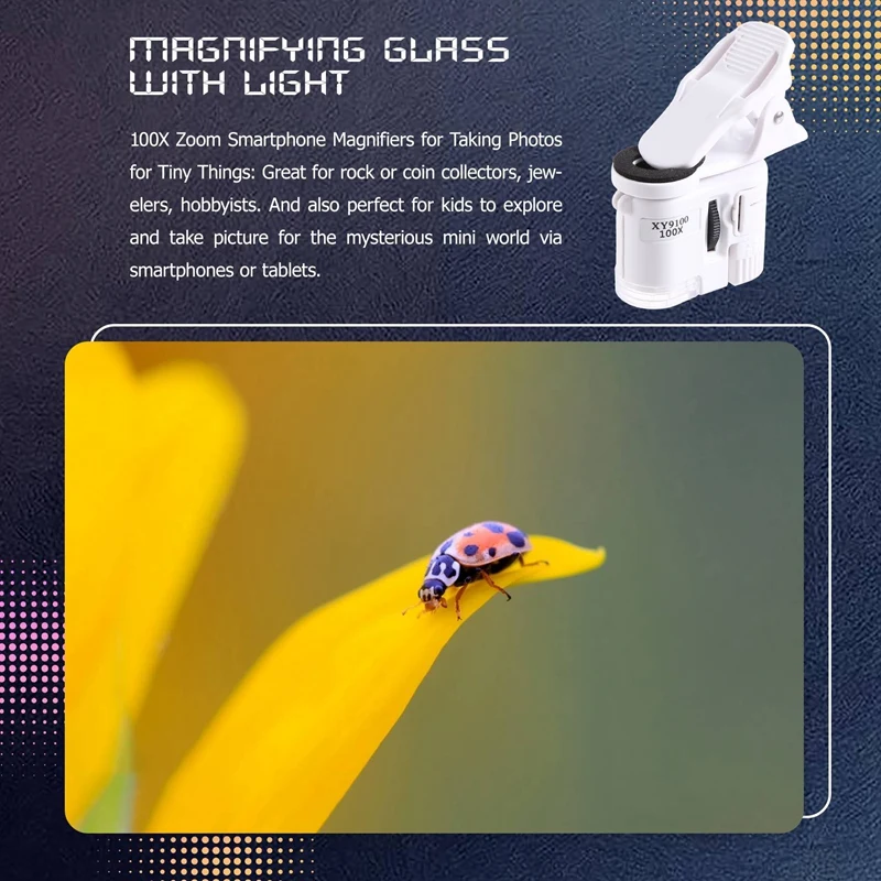 A12E-100X Zoom Clip-On Microscope With LED Light, Portable Magnifier Loupe Pocket Magnifying Lens Glass