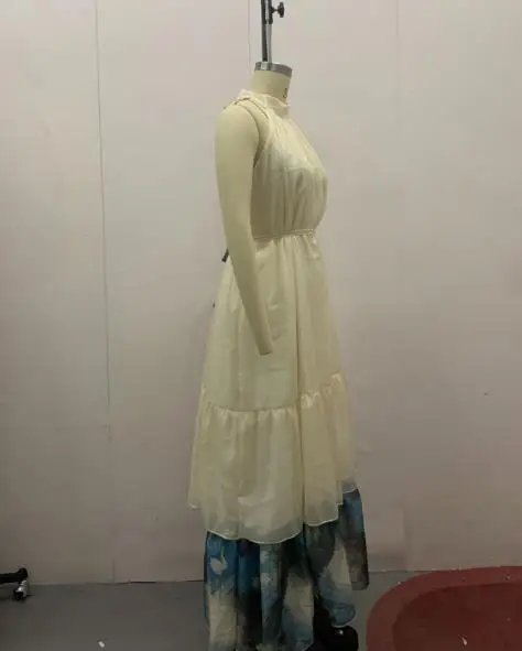 Verão feminino estilo francês em torno do pescoço sem mangas tie dye vestido diário usar mulher em camadas babados moda doce a linha vestidos