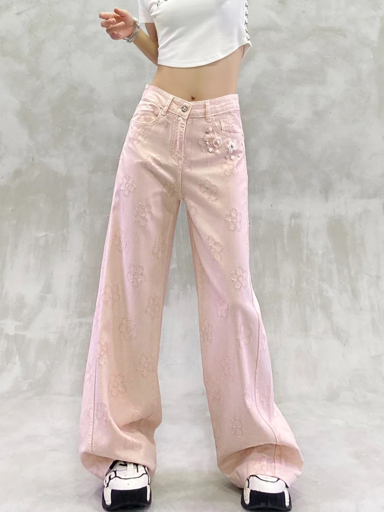 2025 Summer and Autumn New Women's Jacquard Decorative Casual Jeans High Waist Loose Slimming Versatile Straight Wide-Leg Pants