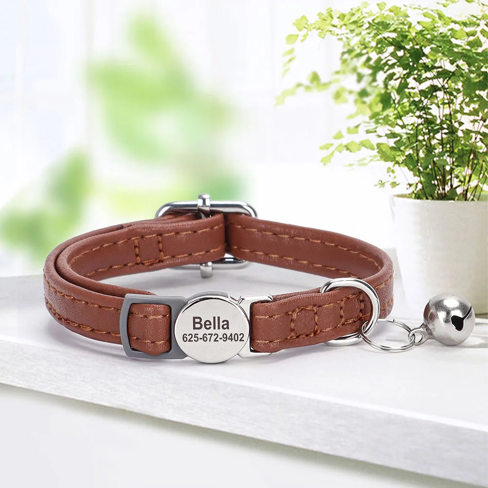 PU Leather Personalized Cat Collar Quick-Release Cats Collars Necklace Free Engraved Pet ID Name Collars Adjustable for Cats