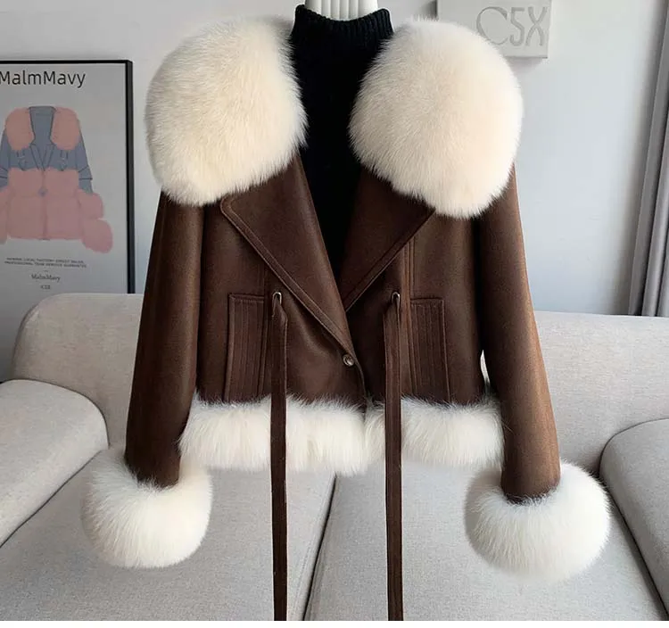 Women's Suede Jacket Lady's Winter Warm Jacket with Real Raccoon Fur Collar