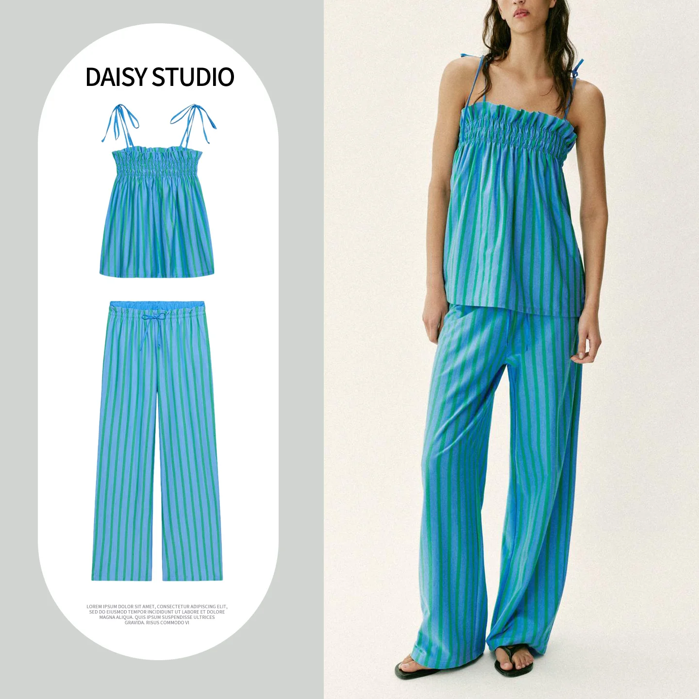 

Casual Stripe Wide Leg Pants with Bow Tie Gored Neckline Top Women's Fashion Set Spring Season No Brand Registered Trademark