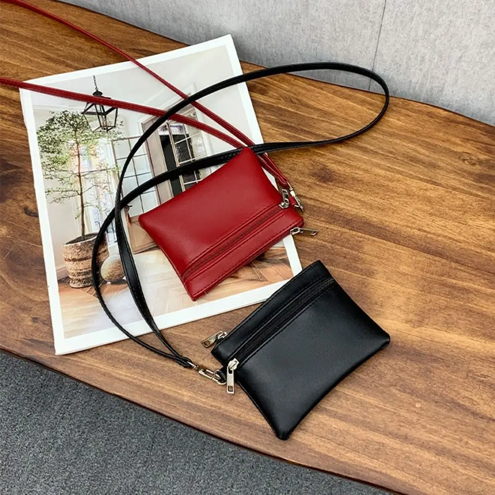 Solid Color Hanging Neck Coin Purse Lanyard Leather Hanging Neck Wallet Keys Cards Lipstick Earphone Small Storage Bag
